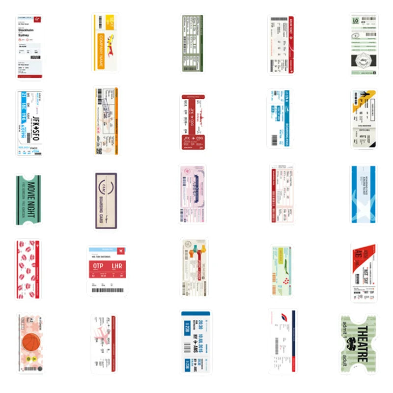 52PCS Boarding Pass Ticket Sticker Luggage Scooter Car Cartoon Graffiti Locomotive Decoration Toy