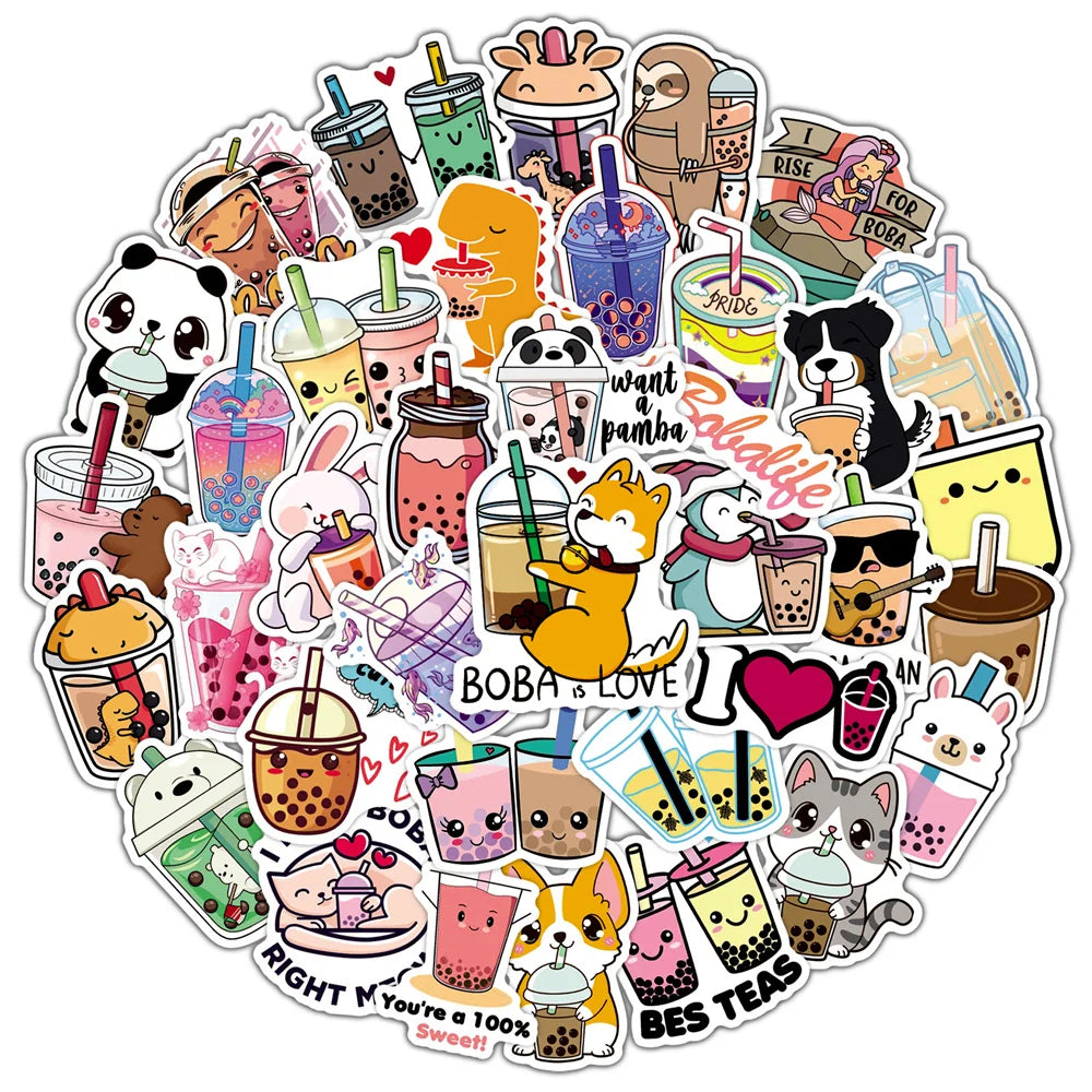 50PCS Cute Pearl Milk Tea Graffiti Stickers Notebook Guitar Water Cup Trolley Case Waterproof Stickers