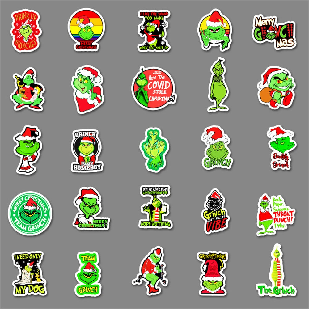 52PCS New Cute Animation Green Fur Monster Grinch Cartoon Graffiti Decoration Suitcase Guitar Waterproof Sticker