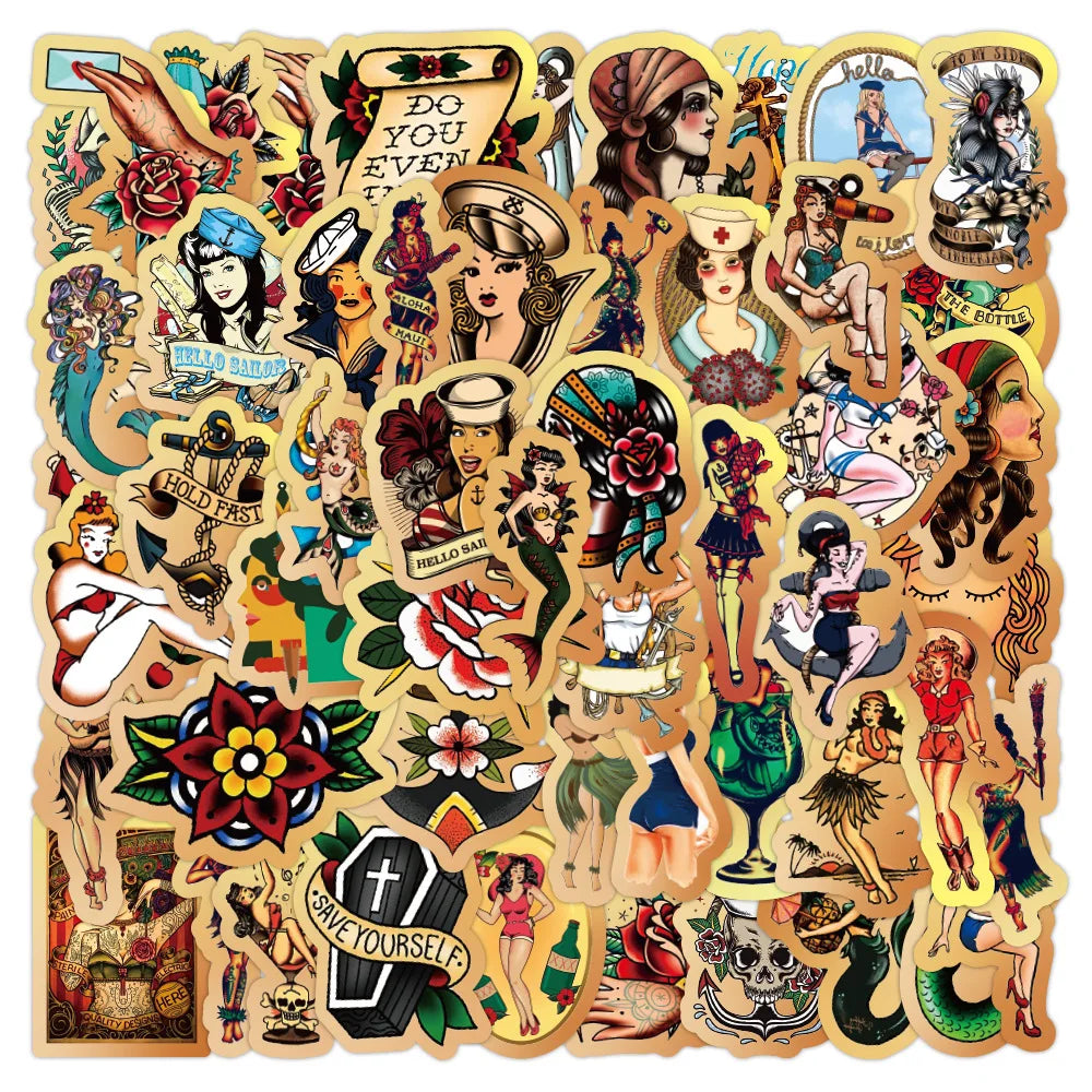 50pcs Retro Beauty Sailor Jerry Graffiti Sticker Waterproof Sticker