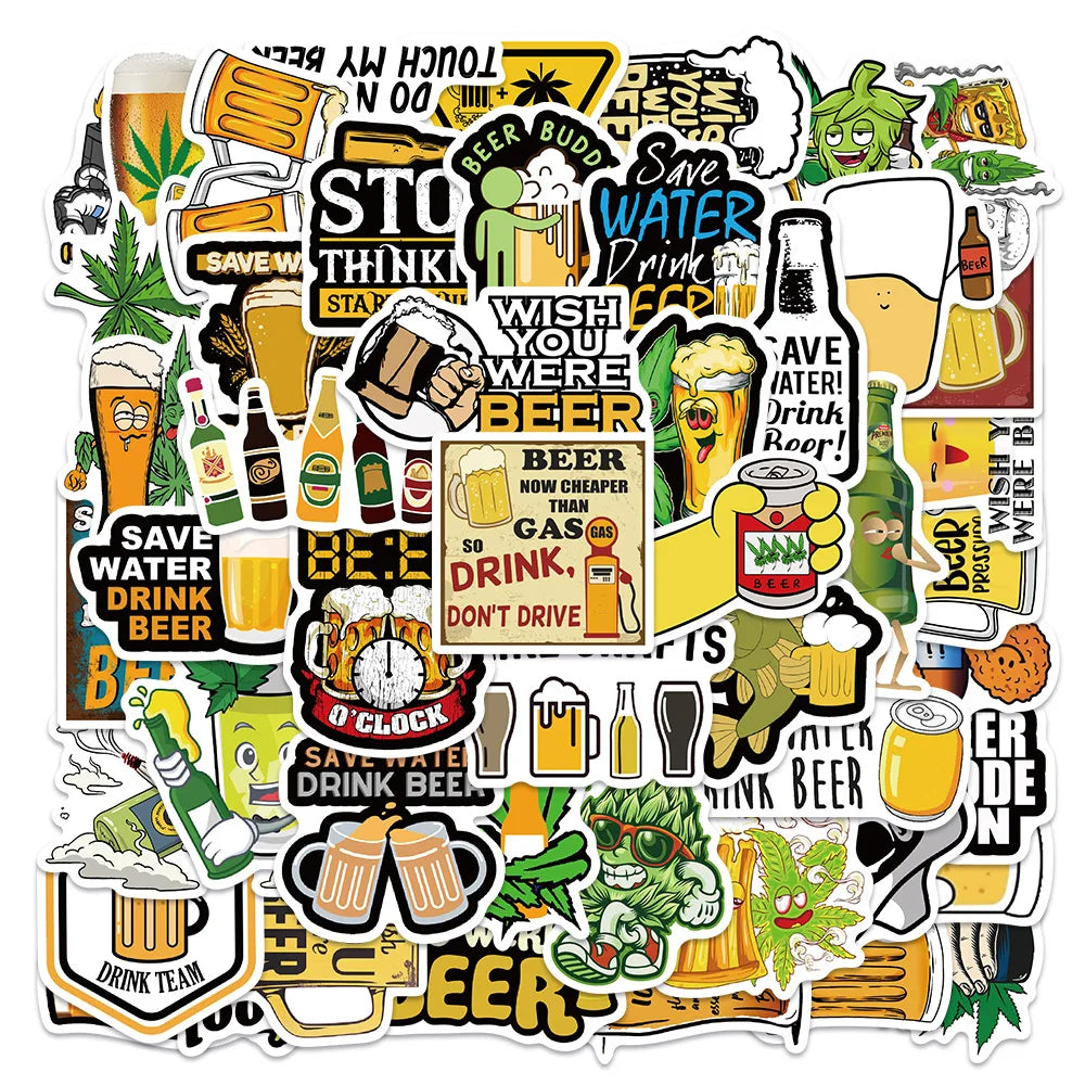 50PCS cartoon animation camping happy beer decorative style graffiti stickers, personalized, fashionable and creative trend DIY exquisite decorative decal cups, helmets, skateboard popular sticker toys