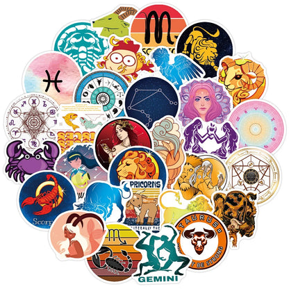 50PCS Art Illustration Popular Creative Cartoon Animation Twelve Constellations Decorative Style Graffiti Stickers Personality Fashion Creative DIY Exquisite Decorative Decals For Cups, Helmets, Skateboards Popular Stickers Toys