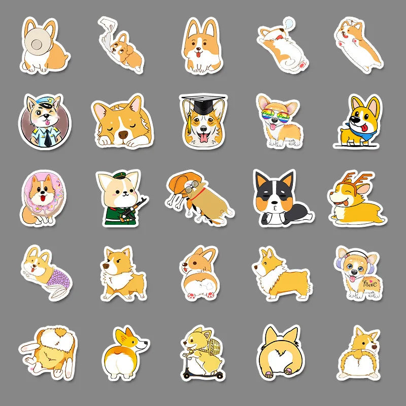 50PCS cartoon pet Corgi decorative style graffiti stickers, personalized, fashionable and creative trend DIY exquisite decorative decal cups, helmets, skateboard popular sticker toys