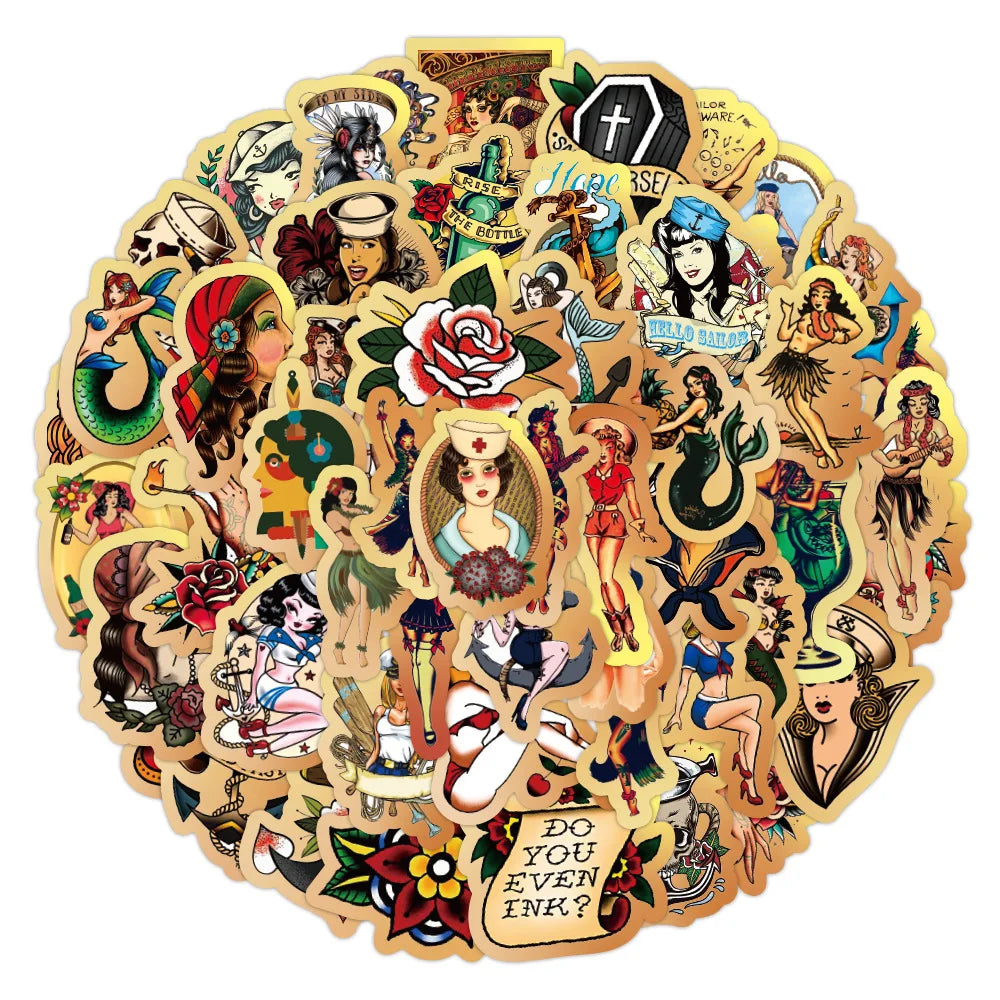 50pcs Retro Beauty Sailor Jerry Graffiti Sticker Waterproof Sticker