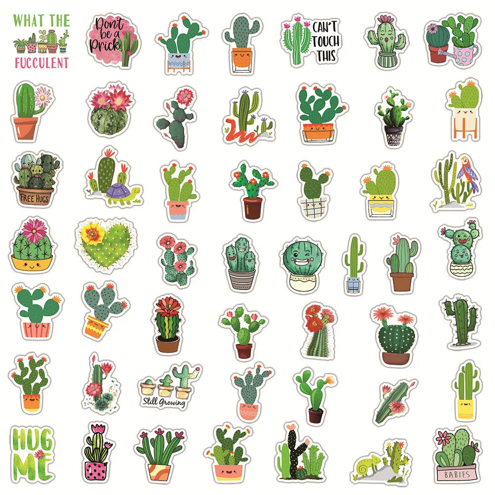 50PCS New Cute Green Plant Cactus Graffiti Waterproof Sticker Suitcase Notebook Refrigerator Stationery BoxHelmet