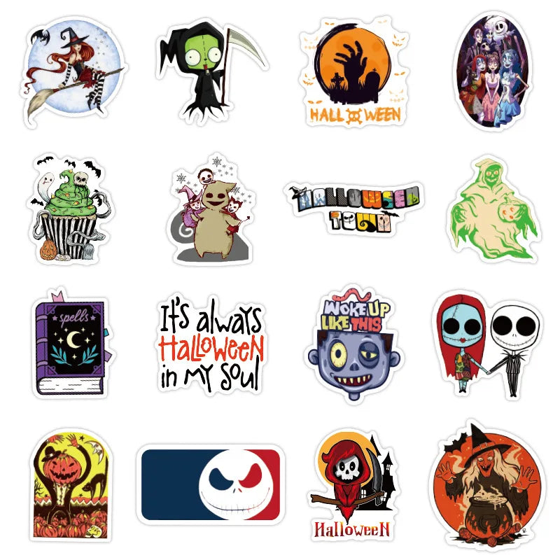 50 pieces of horror cartoon Halloween-themed graffiti stickers, personalized DIY water cups, suitcases, laptops, phone cases, skateboards, guitars, car decoration stickers and toys