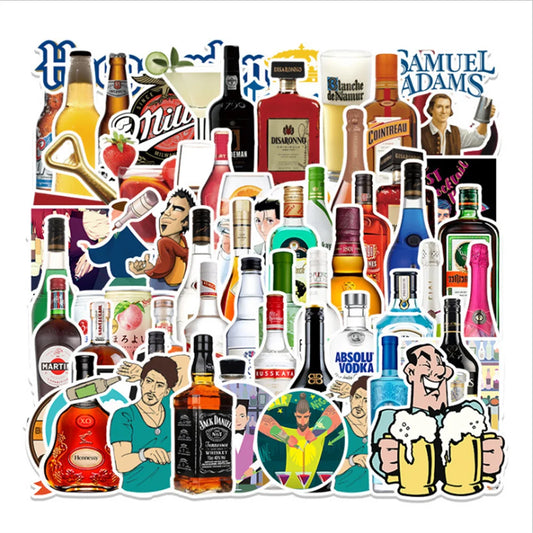 50PCS creative wine bottle cartoon graffiti stickers, suitable for DIY laptop luggage decoration waterproof sticker toys