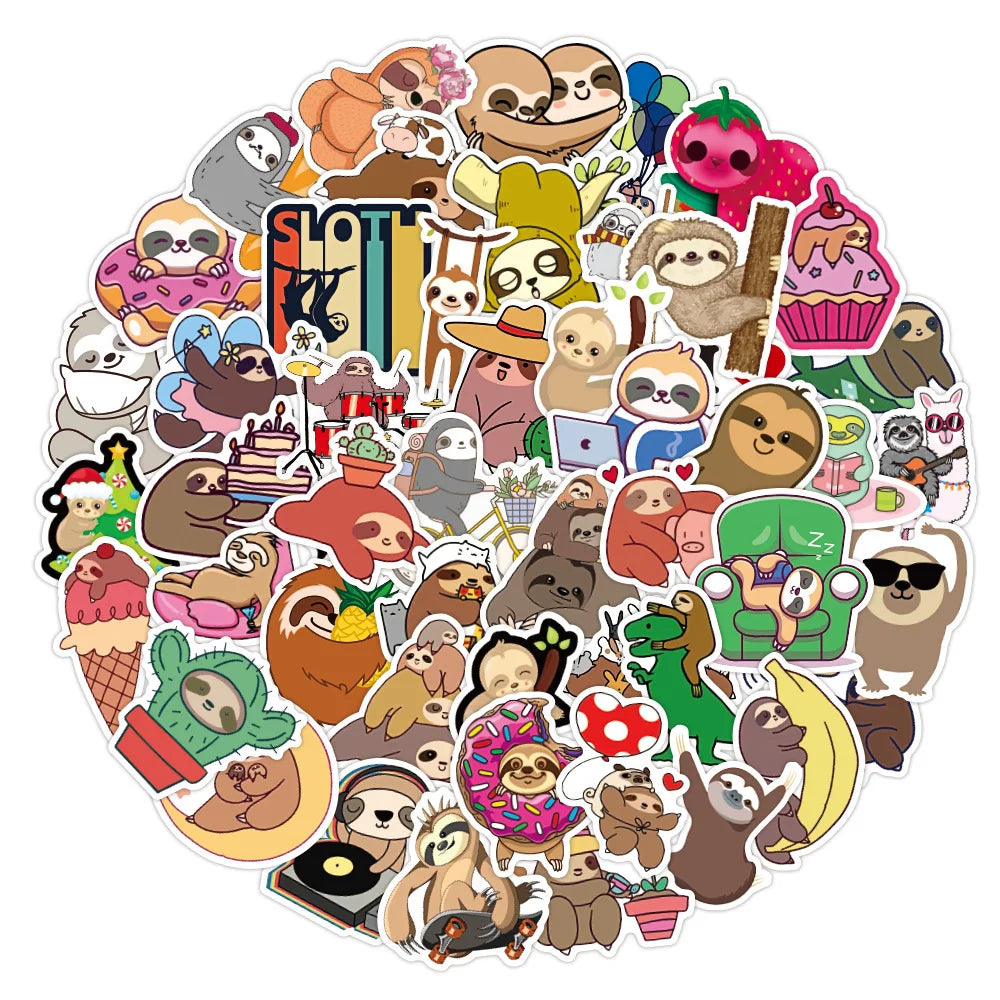 50PCS Cute New Small Animal Sloth Graffiti Stickers Waterproof Notebook Scooter Trolley Case Decorative Stickers