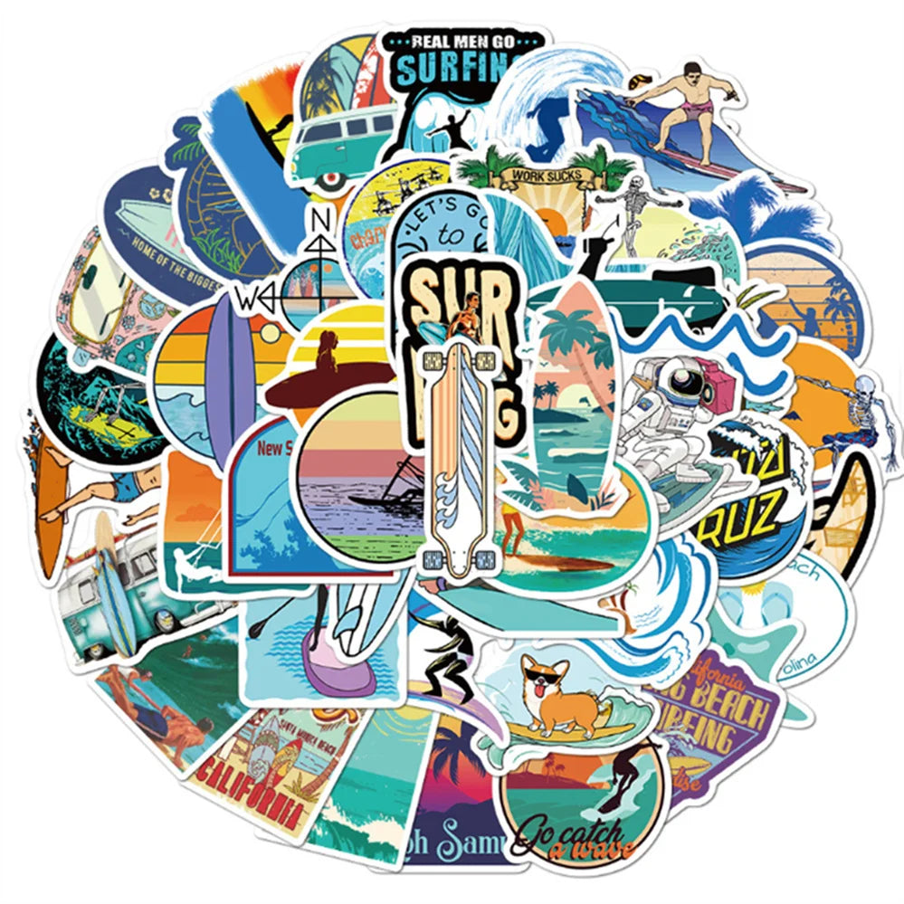 50PCS  Cartoon Summer Beach Surfing Mobile Phone Shell Graffiti Diary Skateboard Decoration Waterproof Stickers Toys