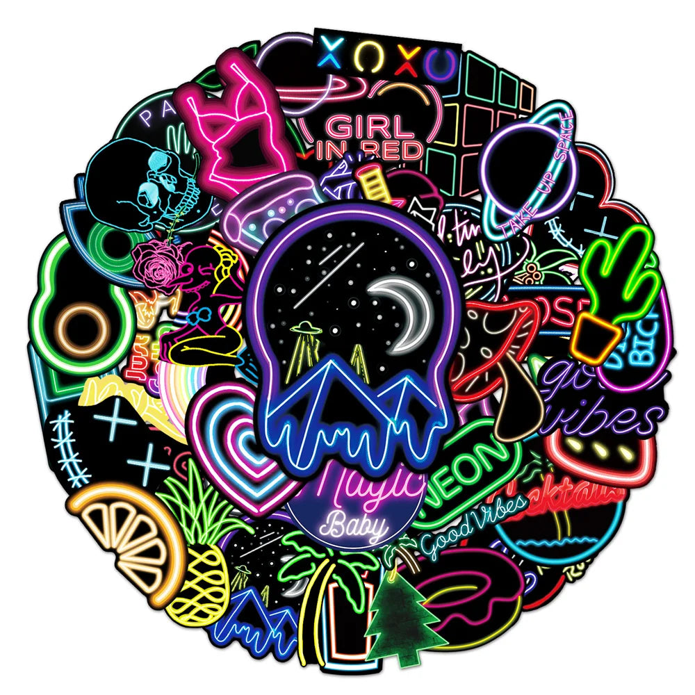 50PCS Neon Graffiti DIY Sticker Skateboard Notebook Gift Water Cup Waterproof Children Stationery Sticker