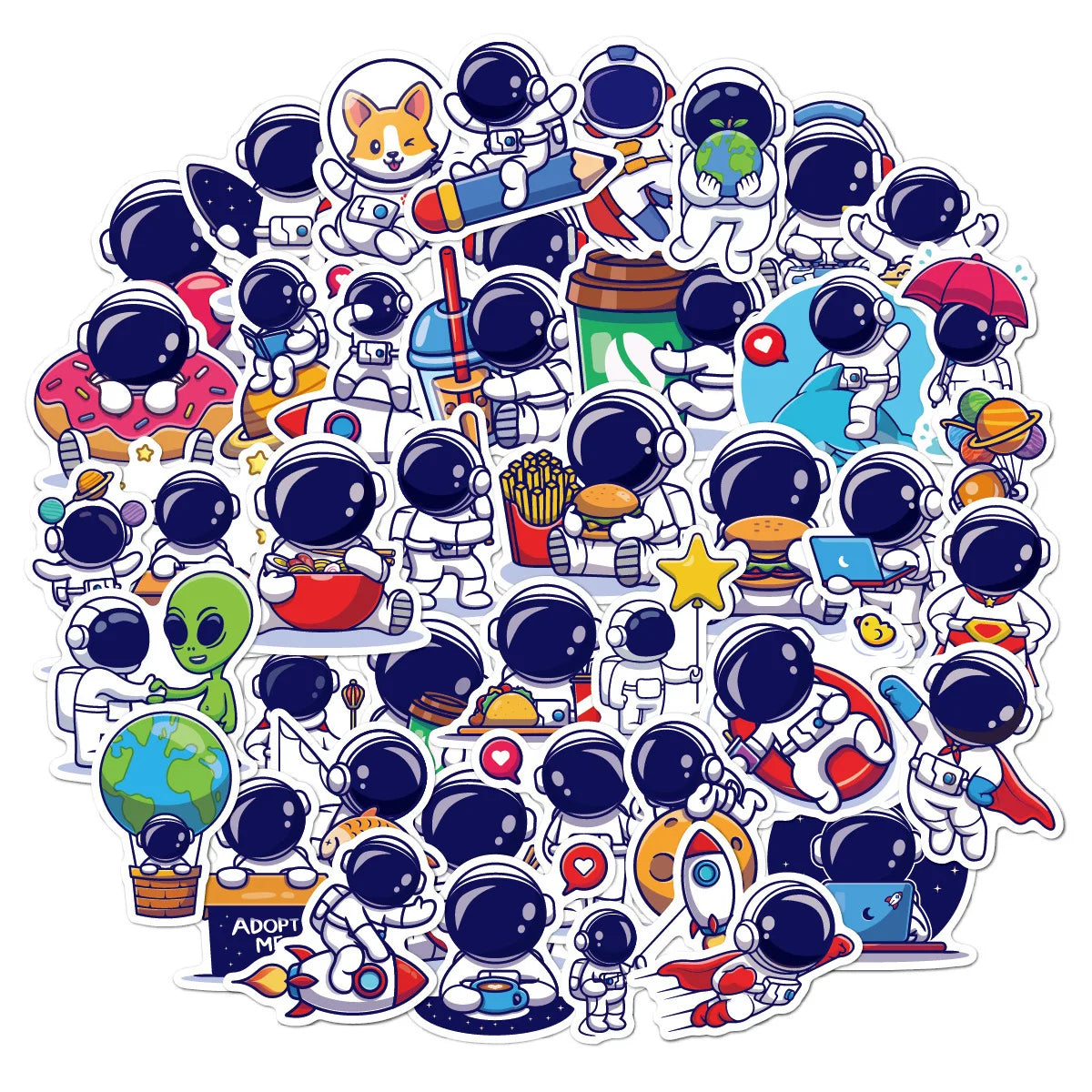 50 pieces of super cute astronaut space cartoon rocket graffiti stickers, suitable for DIY laptop, suitcase, notebook, phone case decoration sticker toys