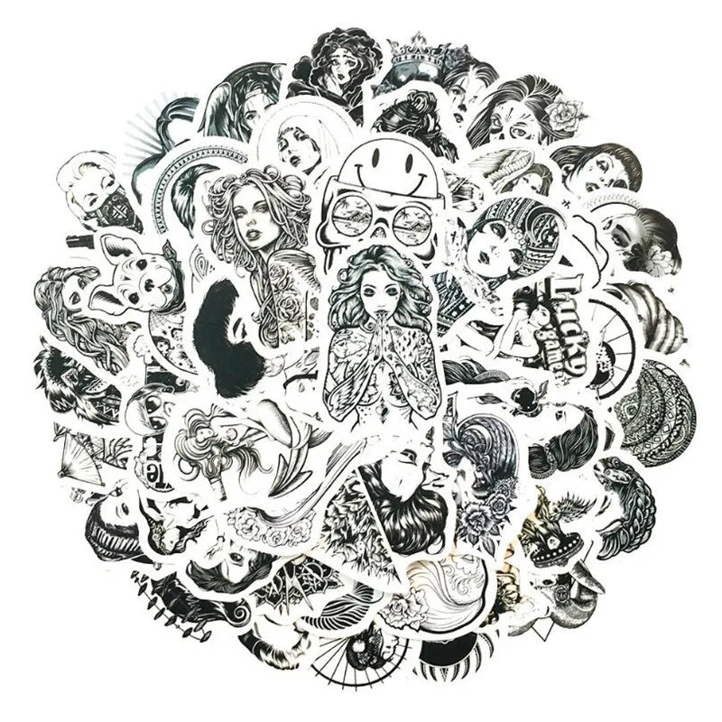 50PCS Beauty Black And White Series Self-Adhesive Dumb Flm Stationery Diary Skateboard Waterproof Stickers