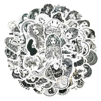 50PCS Beauty Black And White Series Self-Adhesive Dumb Flm Stationery Diary Skateboard Waterproof Stickers