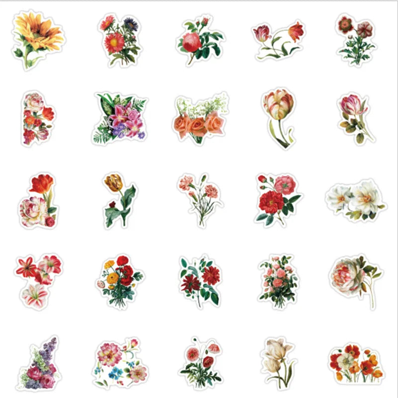 50 pieces of plant graffiti stickers with blooming flowers, DIY creative motorcycle, computer, skateboard and helmet decoration stickers