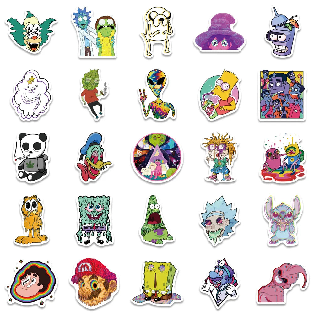 50PCS Psychedelic Aesthetics Mixed Cartoon Characters Graffiti Waterproof Sticker Suitcase Notebook Mobile Phone