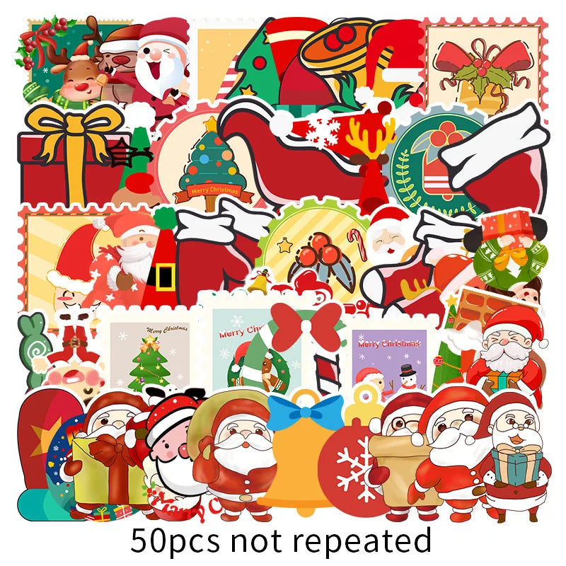 50 pieces of cartoon Christmas decorative style graffiti stickers, personalized, fashionable and creative DIY exquisite decorative decal cups, helmets, skateboard popular sticker toys