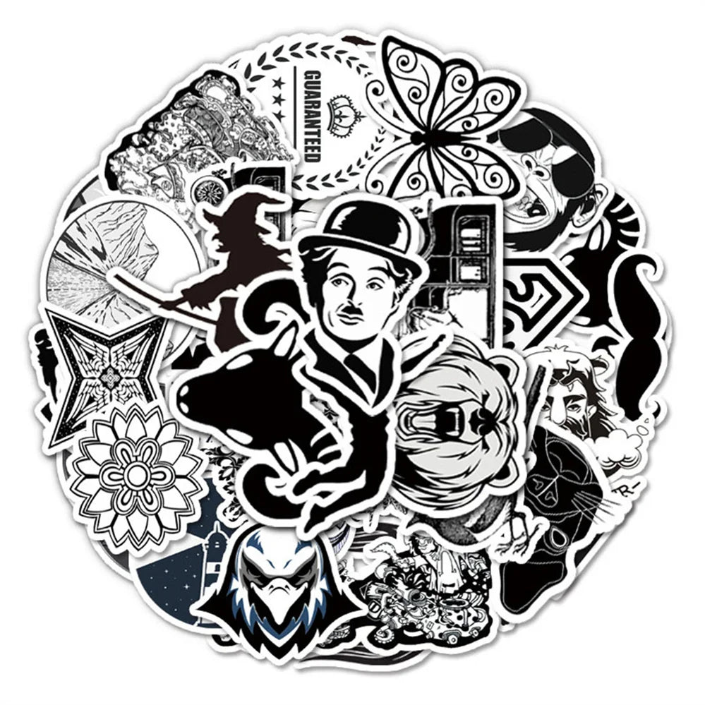 50 pieces of cartoon black and white character graffiti stickers, personalized DIY diary, suitcase, car, skateboard, phone case decoration, waterproof sticker toys
