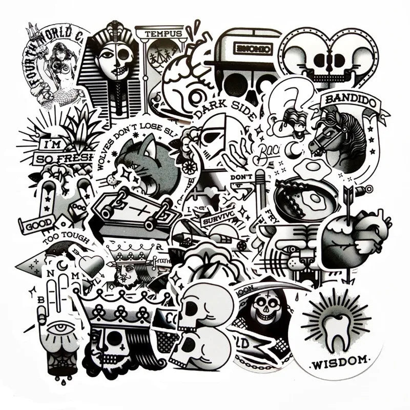 50 pieces of black and white creative Egyptian element pattern graffiti stickers, personalized DIY home decoration stickers for mobile phones, laptops, notebooks, suitcases and refrigerators, toys