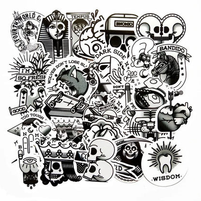 50 pieces of black and white creative Egyptian element pattern graffiti stickers, personalized DIY home decoration stickers for mobile phones, laptops, notebooks, suitcases and refrigerators, toys