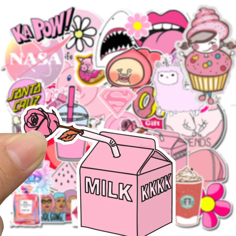 50PCS Pink Girl Cute Cartoon Graffiti Suitcase Trolley Skateboard Guitar Personality Sticker Waterproof