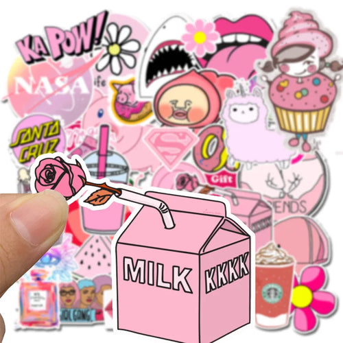 50PCS Pink Girl Cute Cartoon Graffiti Suitcase Trolley Skateboard Guitar Personality Sticker Waterproof