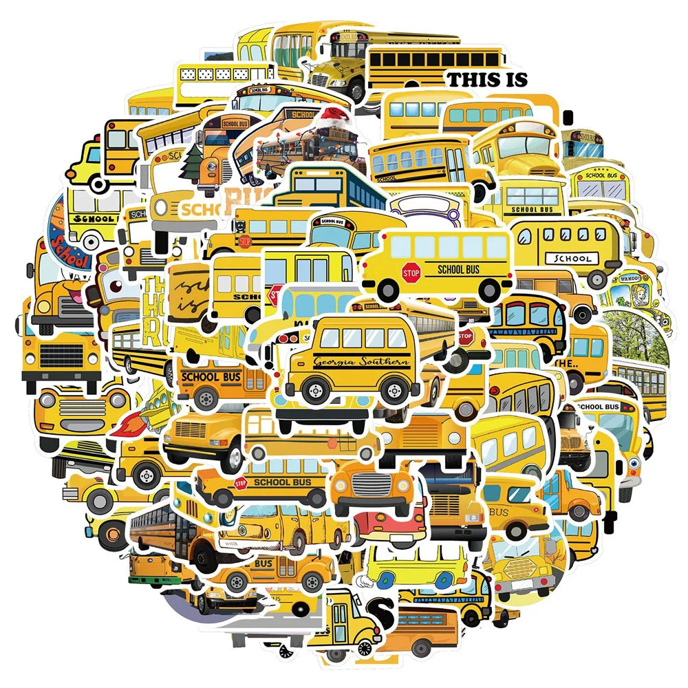 50PCS Cute Cartoon School Bus Graffiti Waterproof Sticker Suitcase Notebook Mobile Phone Children'sWaterCupHelmet