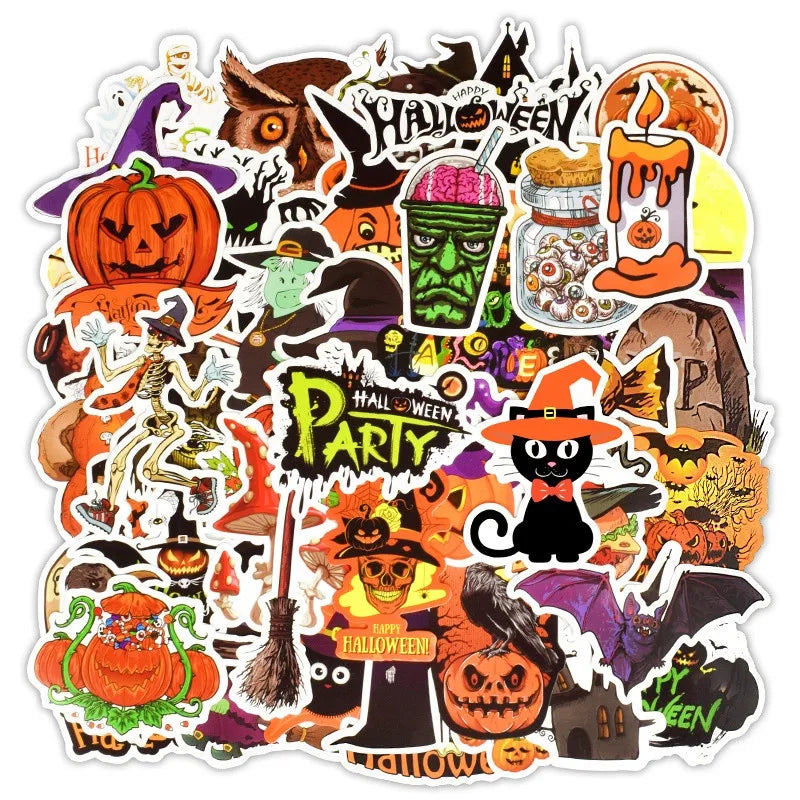 50PCS classic cartoon Halloween horror pumpkin graffiti series decorative style graffiti stickers, personalized, fashionable and creative DIY exquisite decorative stickers, water cups, helmets, skateboards, popular sticker toys