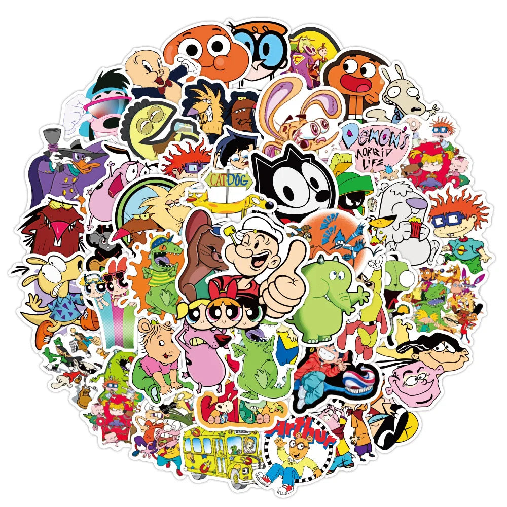 50pcs Classic 90s Cartoon Doodle Waterproof Skateboard Travel Suitcar Phone Laptop Luggage Cute Sticker