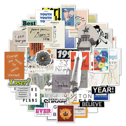 50PCS French Pop Art Collage Handbook Waterproof Sticker Notebook Tablet Electric DIY Sticker