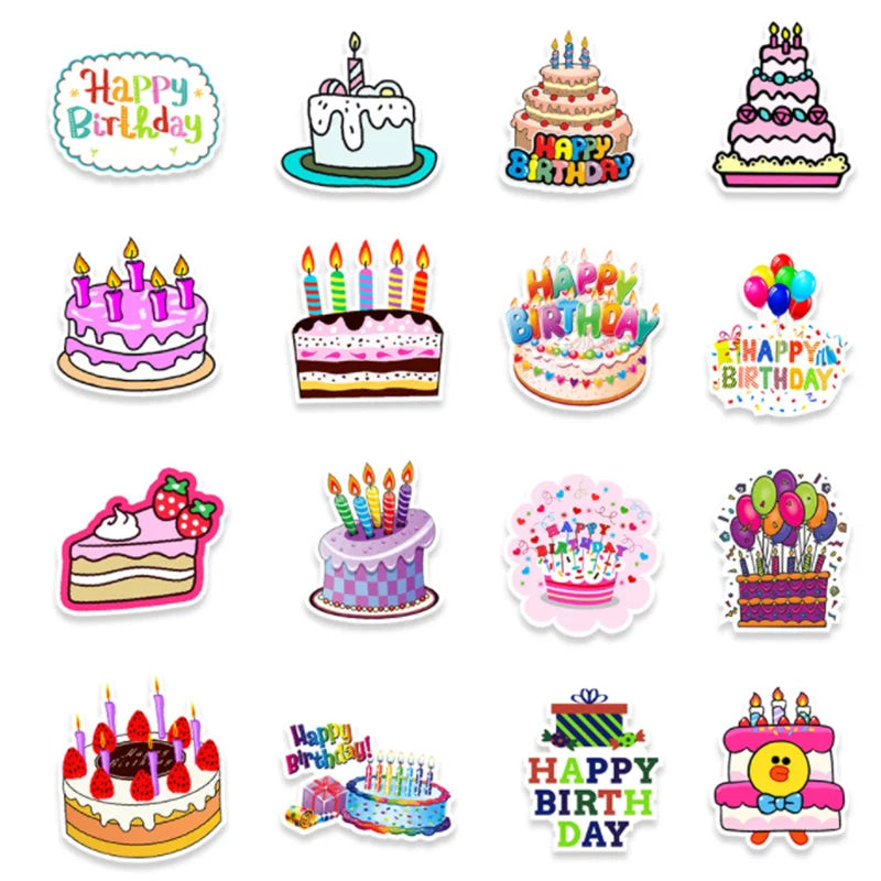 50 Cartoon Happy Birthday Graffiti Decorative Scooter, Luggage, Laptop Waterproof Sticker Toys