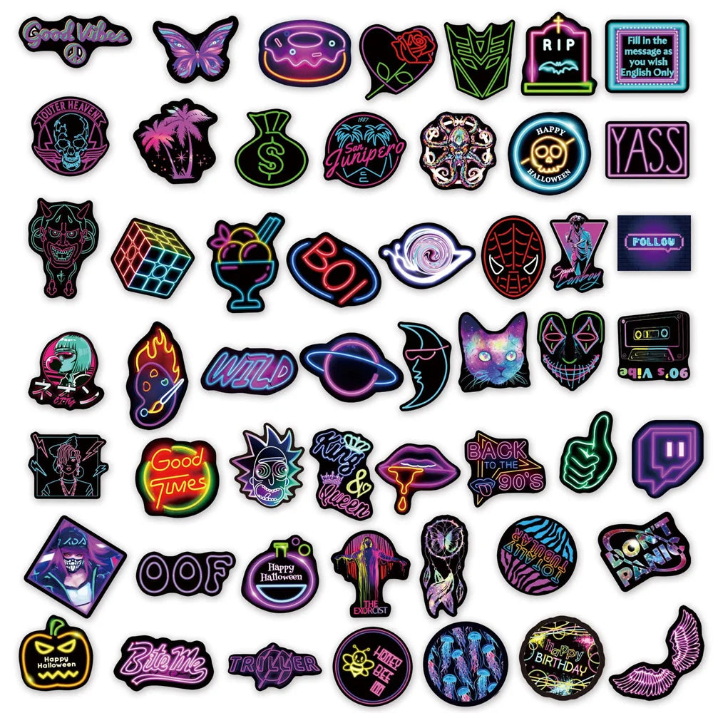 50PCS New Neon Creative Cartoon DIY Graffiti Notebook Scrapbook Skateboard Guitar Suitcase Toy PVC Sticker