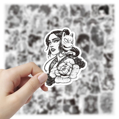 50PCS Black and White Japanese Geisha Personality Graffiti Stickers Luggage Battery Car Mobile Phone Stickers