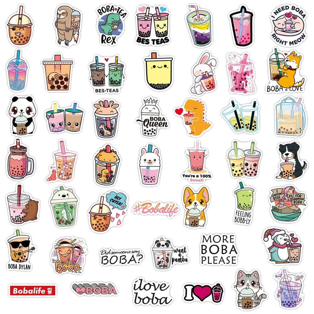 50PCS Cute Pearl Milk Tea Graffiti Stickers Notebook Guitar Water Cup Trolley Case Waterproof Stickers