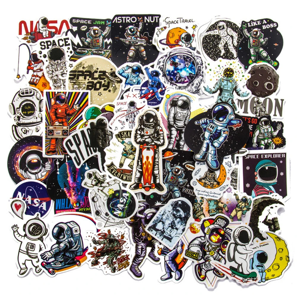 50PCS Astronaut Space Station Cartoon Stickers Rocket Moon Universe Computer Trolley Case Graffiti Stickers
