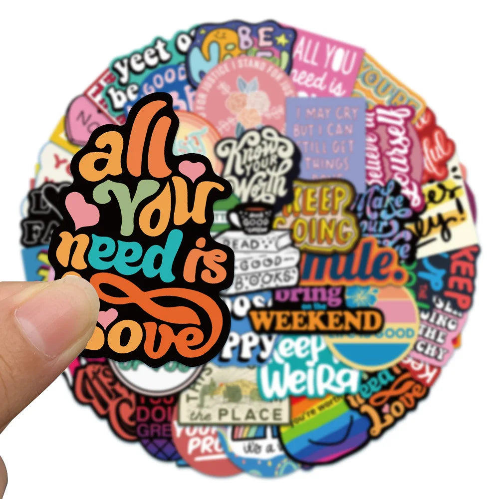 50PCS Cartoon Inspirational English Phrase Sticker Suitcase Notebook Handbook Sticker Cartoon Decorative Toy
