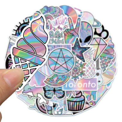50PCS Holographic Laser Flash Graffiti Trolley Case Scooter Refrigerator Water Cup Waterproof Children's Sticker
