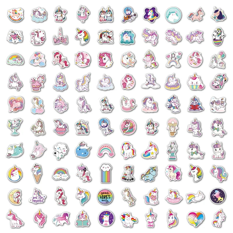 100PCS Rainbow Unicorn Cartoon Graffiti Sticker Scooter Laptop Waterproof Guitar Decoration Toy