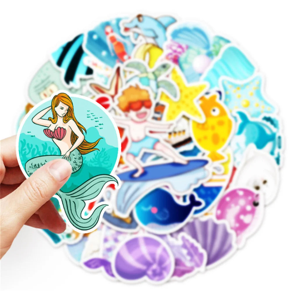 50 cute cartoon summer surfing marine life mermaid graffiti luggage notebook decoration stickers