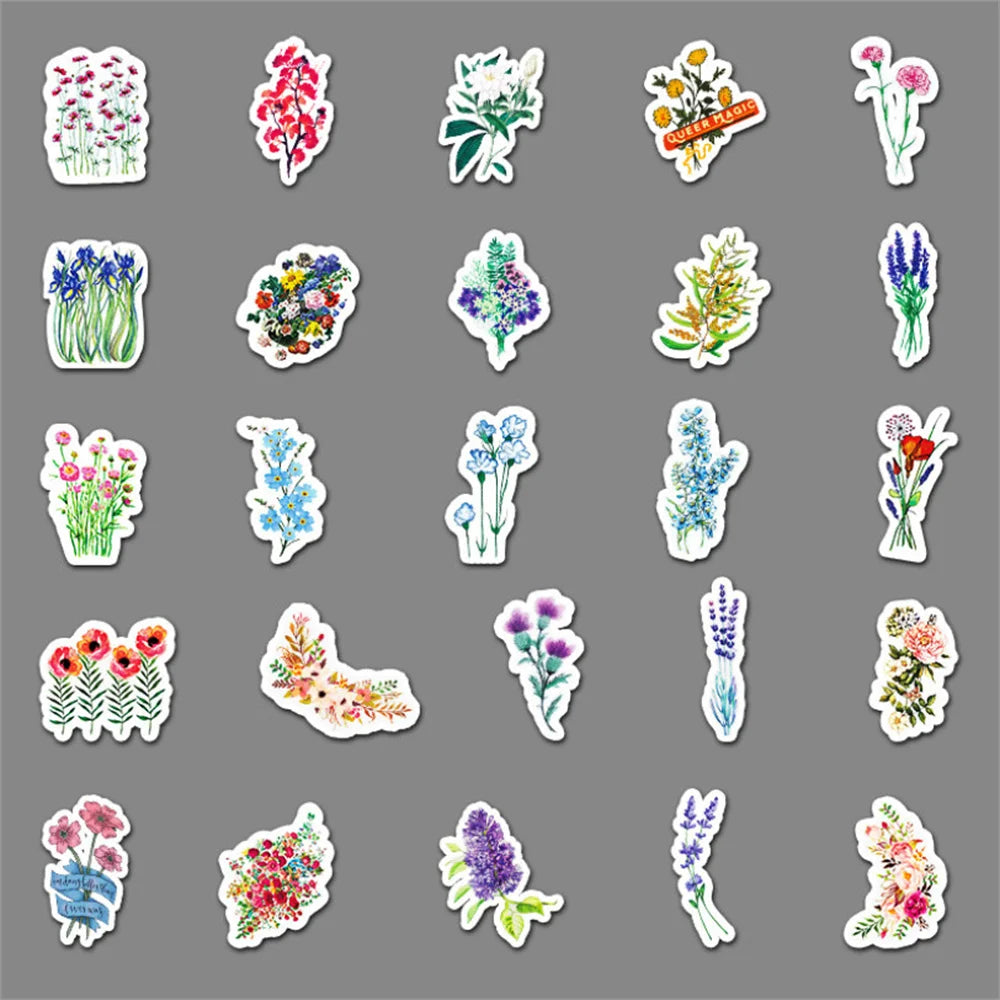 50 pieces of plant flower graffiti stickers, suitable for luggage, luggage notebooks, handbooks, decoration, waterproof stickers and toys