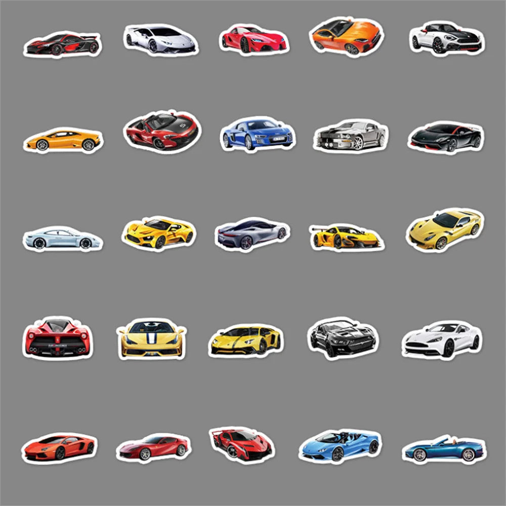50PCS Cool sports car diary doodle stickers, suitable for luggage, notebooks, handbooks, car decoration, waterproof stickers and toys
