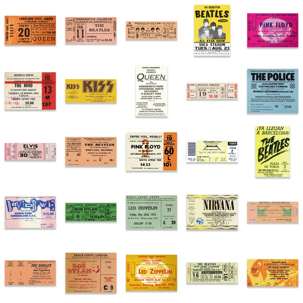 50PCS Band Retro Ticket Graffiti Sticker Personalized Decoration Luggage Water Cup Guitar Waterproof Sticker