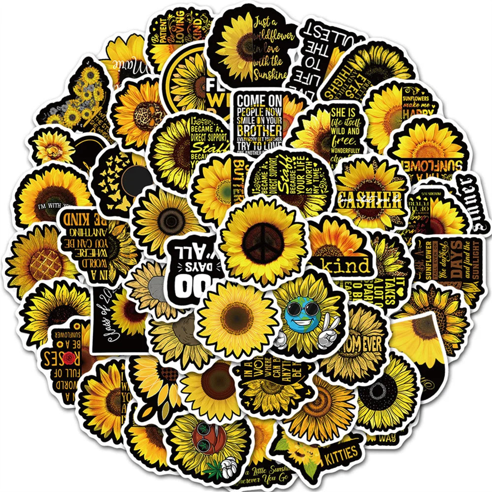50PCS cartoon black sunflower decorative style graffiti stickers, personalized, fashionable and creative trend DIY exquisite decorative decal cups, helmets, skateboards, popular sticker toys