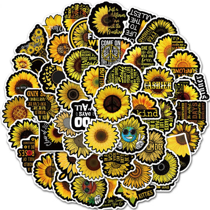 50PCS cartoon black sunflower decorative style graffiti stickers, personalized, fashionable and creative trend DIY exquisite decorative decal cups, helmets, skateboards, popular sticker toys
