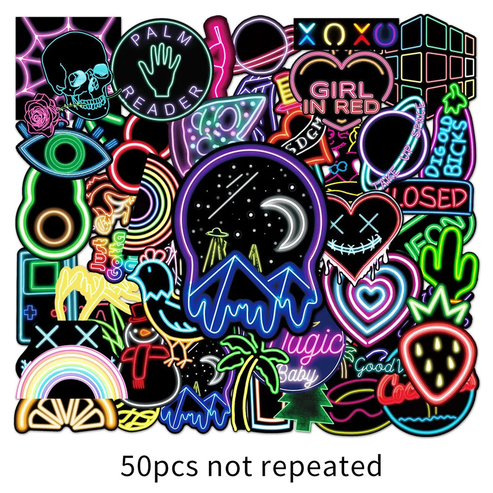 50PCS Neon Graffiti DIY Sticker Skateboard Notebook Gift Water Cup Waterproof Children Stationery Sticker