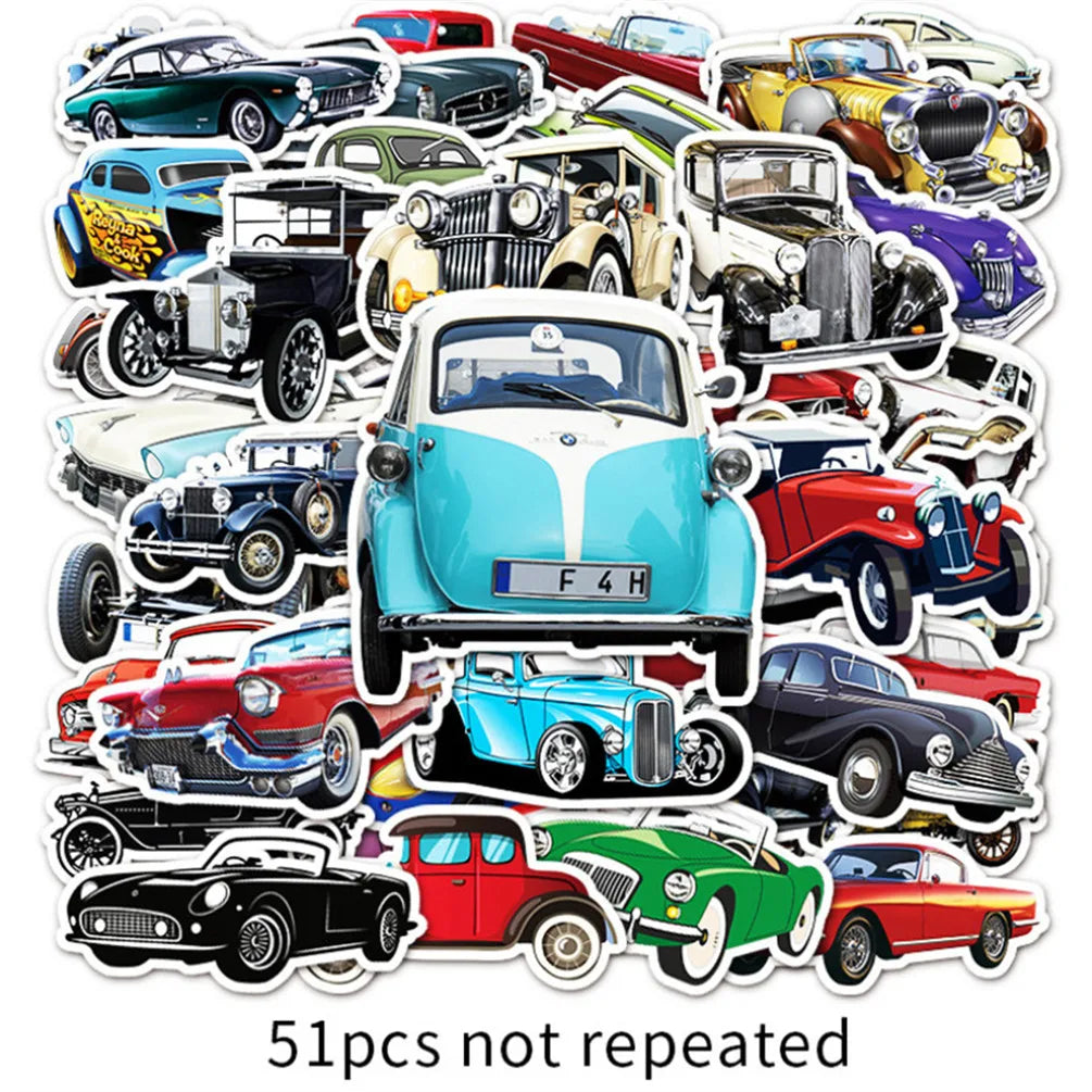 50 pieces of cartoon retro classic car graffiti stickers, personalized planner, luggage, helmet decoration, waterproof sticker toys