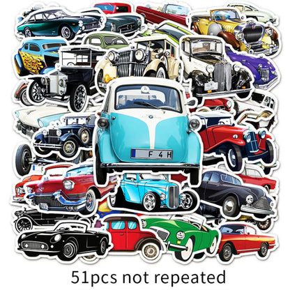 50 pieces of cartoon retro classic car graffiti stickers, personalized planner, luggage, helmet decoration, waterproof sticker toys