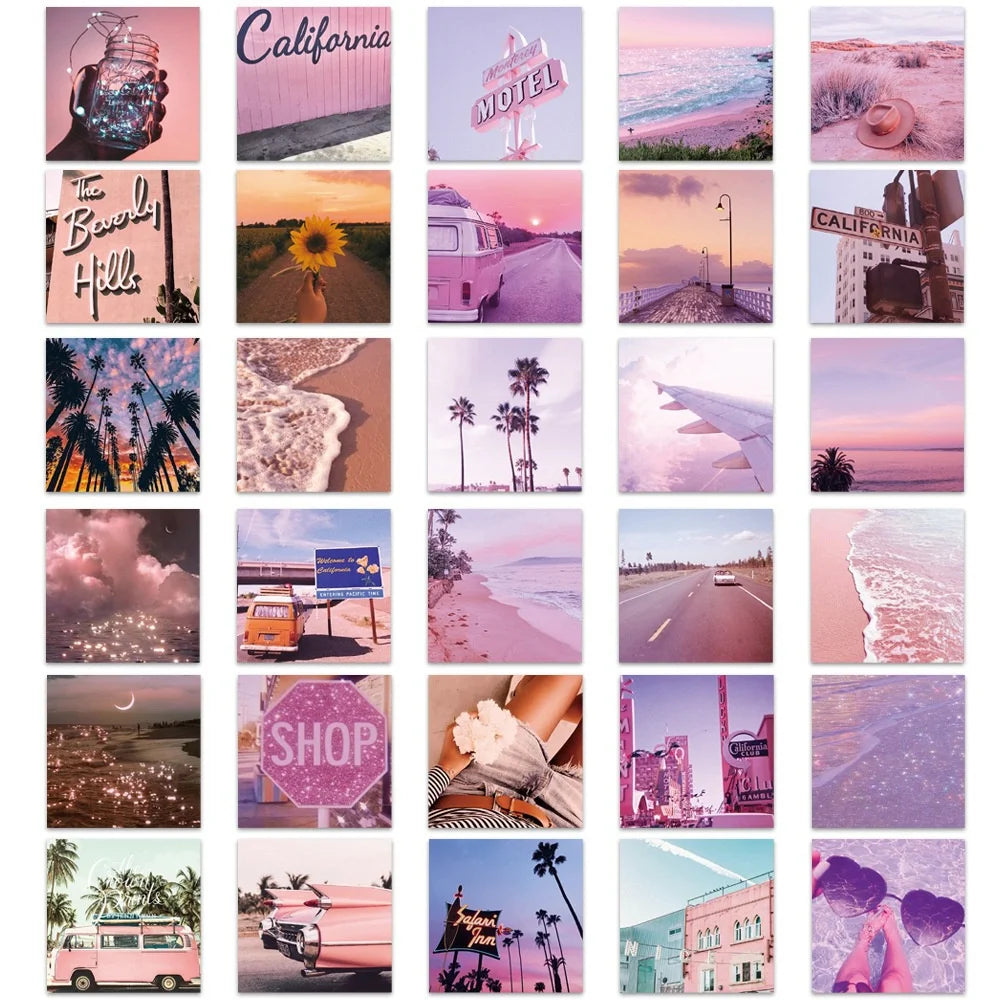50PCS New California Sunshine Pink Series Healing Landscape Graffiti Decoration Luggage Guitar Waterproof Sticker