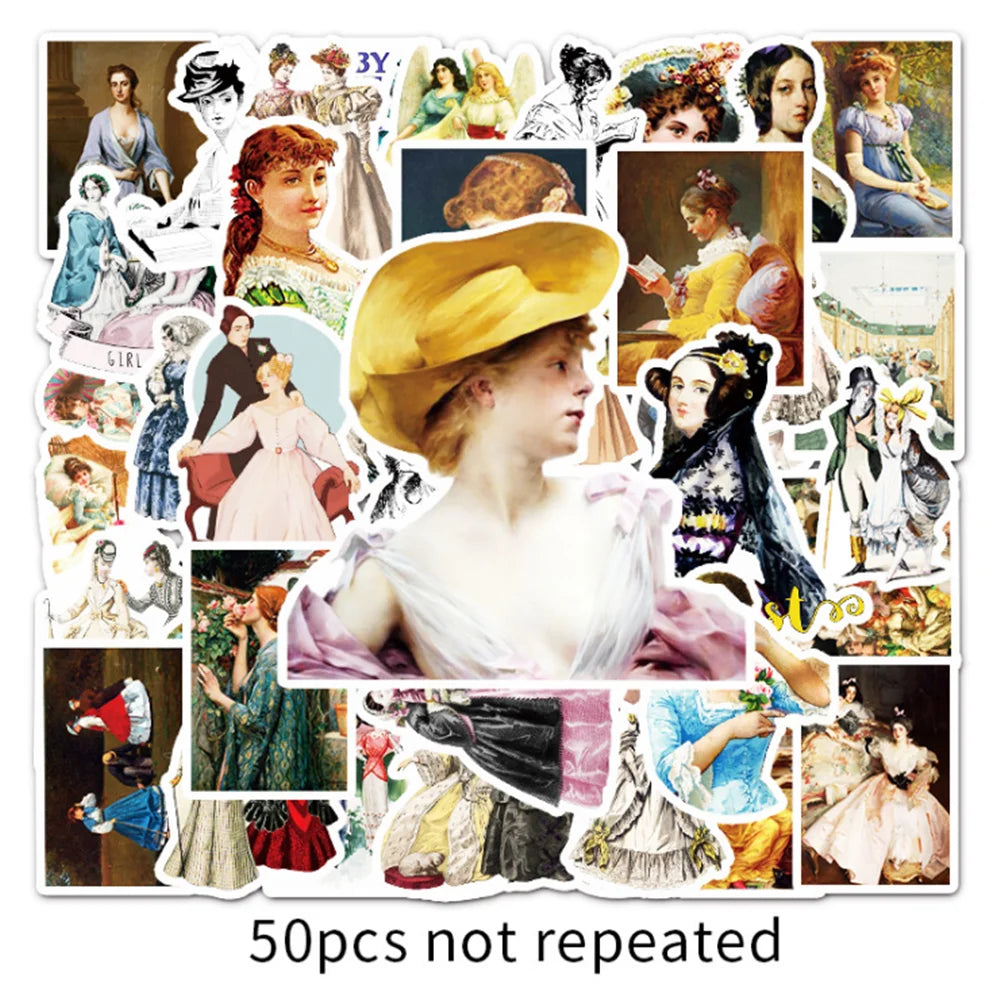 50PCS cartoon retro and nostalgic court style female decorative style graffiti stickers, personalized, fashionable and creative trend DIY exquisite decorative decal cups, helmets, skateboard popular sticker toys