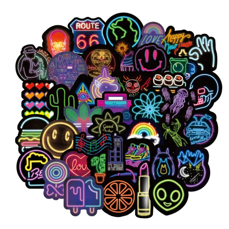 50PCS Neon Graffiti Stickers Cartoon Creative Motorcycle Computer Skateboard Luggage Decoration Toys