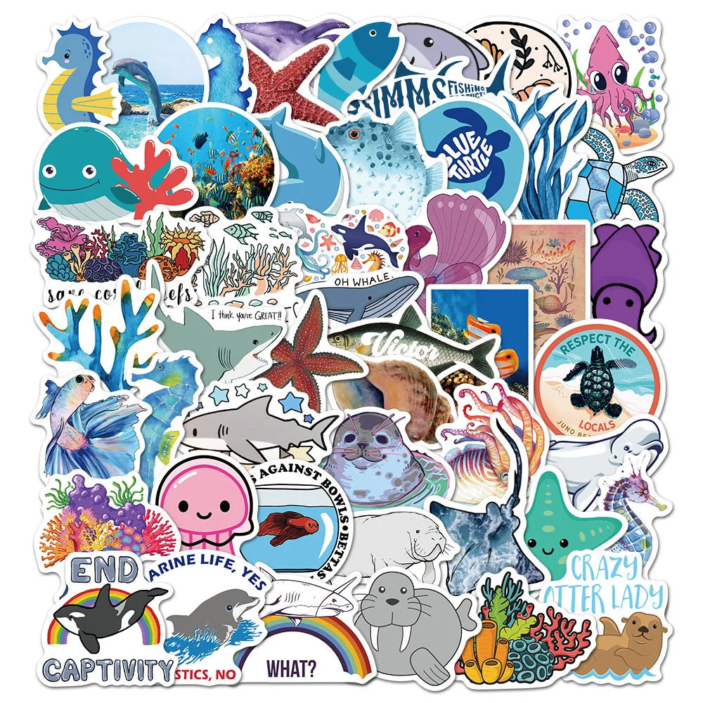 50PCS Marine Life Octopus Dolphin Whale Graffiti Stickers Personalized Luggage Refrigerator Water Cup Stickers